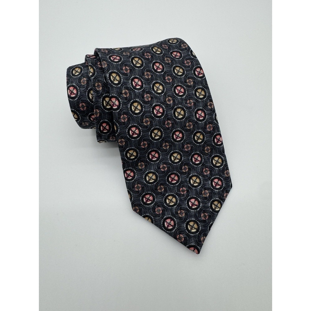 Ermenegildo Zegna Silk Tie Gray Medallion Geometric Italy Luxury Designer‎
